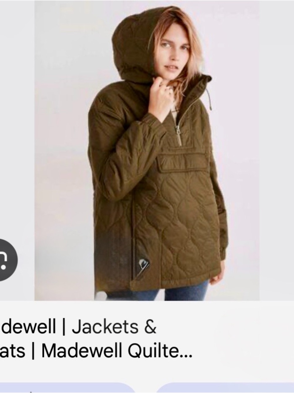 NEW !!!Madewell  Quilted Hooded Pullover in Olive Green Size L